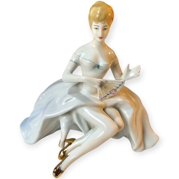 Vintage Made in Romania Arpo Porcelain Sitting Girl With Fan - Picture 1 of 9